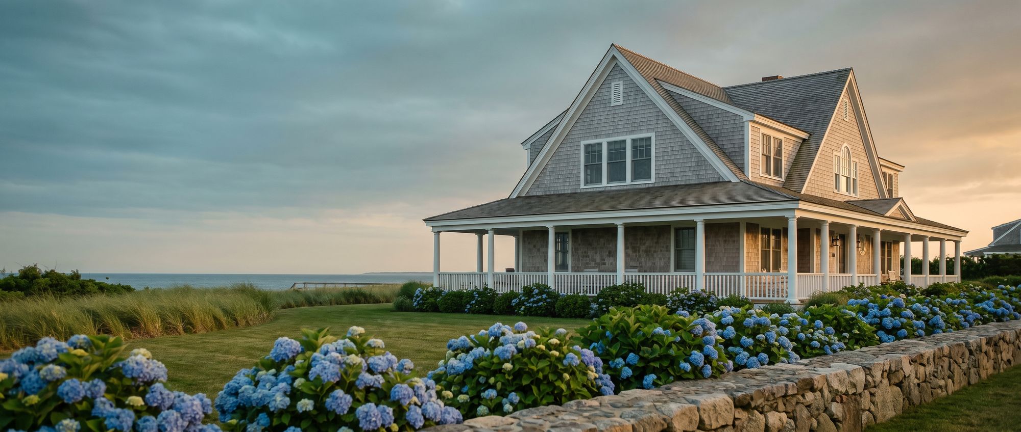 Upscale shingle-style coastal Rhode Island home with hydrangeas and a stone wall, ocean in the distance